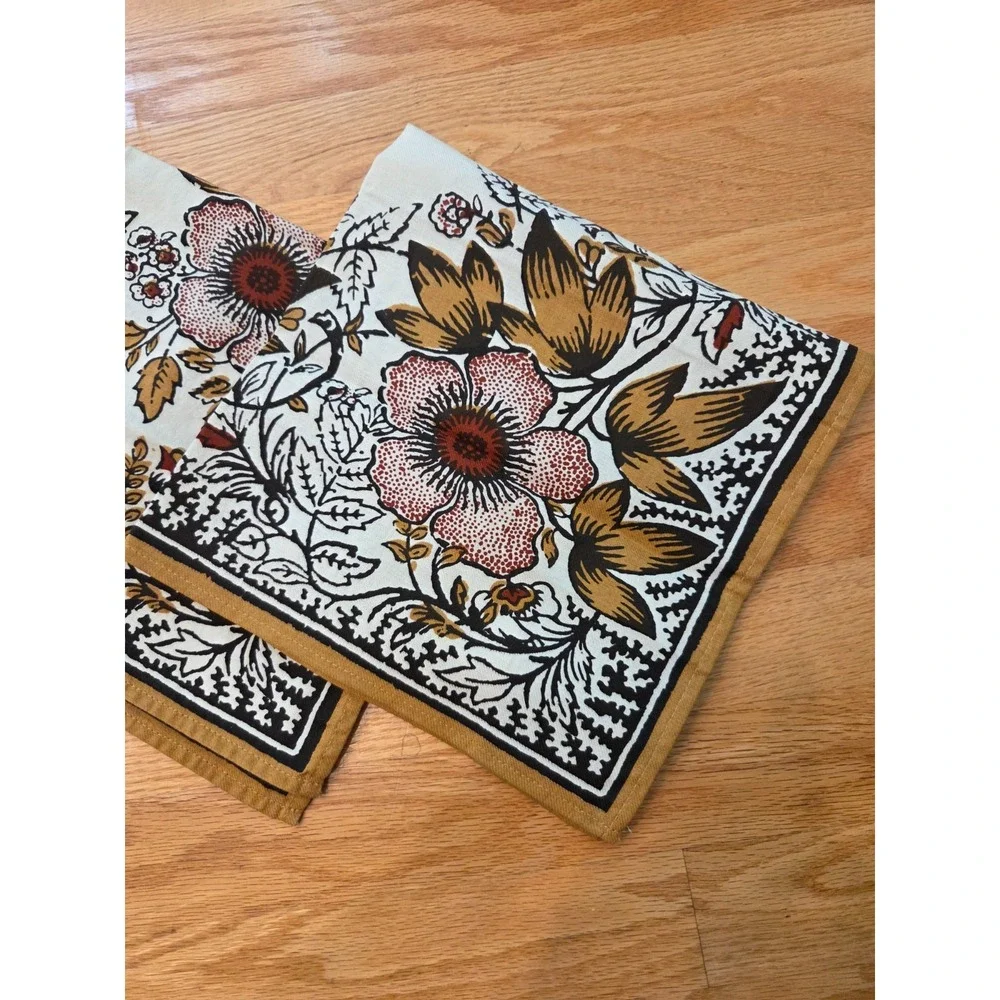 Set 4 Williams Sonoma Gold Brown Floral Block Print Cotton Napkins 20''